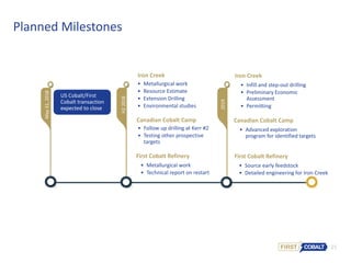 25
Planned Milestones
May17,2018
May31,2018
H22018
2019
US Cobalt/First
Cobalt transaction
expected to close
Iron Creek
• Metallurgical work
• Resource Estimate
• Extension Drilling
• Environmental studies
• Follow up drilling at Kerr #2
• Testing other prospective
targets
Canadian Cobalt Camp
First Cobalt Refinery
• Metallurgical work
• Technical report on restart
Iron Creek
• Infill and step-out drilling
• Preliminary Economic
Assessment
• Permitting
Canadian Cobalt Camp
• Advanced exploration
program for identified targets
First Cobalt Refinery
• Source early feedstock
• Detailed engineering for Iron Creek
 