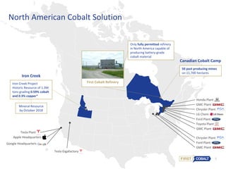9
First Cobalt Refinery
Only fully permitted refinery
in North America capable of
producing battery-grade
cobalt material
50 past producing mines
on 11,700 hectares
Canadian Cobalt Camp
Iron Creek Project
Historic Resource of 1.3M
tons grading 0.59% cobalt
and 0.3% copper*
Mineral Resource
by October 2018
Iron Creek
Tesla Plant
Tesla Gigafactory
Google Headquarters
Apple Headquarters
Honda Plant
GMC Plant
GMC Plant
Chrysler Plant
Ford Plant
Toyota Plant
GMC Plant
Ford Plant
Chrysler Plant
North American Cobalt Solution
LG Chem
 