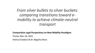 From silver bullets to silver buckets:
comparing transitions toward e-
mobility to achieve climate-neutral
transport
Comparative Legal Perspectives on New Mobility Paradigms
Trento, Nov. 26, 2021
Helmut Esteban & Dr. Begoña Otero
 