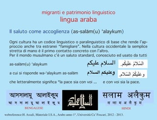 migranti e patrimonio linguistico
lingua araba
Il saluto come accoglienza (as-salām(u) ʻalaykum)
Ogni cultura ha un codice...