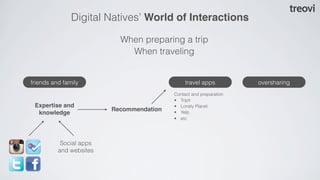 Digital Natives’ World of Interactions

                           When preparing a trip
                             When traveling


friends and family                             travel apps          oversharing
                                          Contact and preparation
                                          • Tripit
 Expertise and                            • Lonely Planet
                         Recommendation
  knowledge                               • Yelp
                                          • etc




           Social apps
          and websites
 