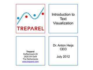 Introduction to
                        Text
                    Visualization




                   Dr. Anton Heijs
                        CEO
    Treparel
 Delftechpark 26
  2628 XH Delft       July 2012
The Netherlands
www.treparel.com
 