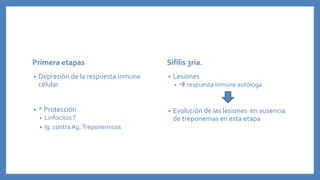Primera etapas
• Depresión de la respuesta inmune
celular
• * Protección
• LinfocitosT
• Ig. contraAg.Treponemicos
Sifilis 3ria.
• Lesiones
•  respuesta inmune autóloga
• Evolución de las lesiones en ausencia
de treponemas en esta etapa
 