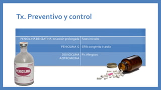 Tx. Preventivo y control
PENICILINA BENZATINA de acción prolongada Fases iniciales
PENICILINA G Sífilis congénita / tardía
DOXICICLINA
AZITROMICINA
Px. Alergicos
 