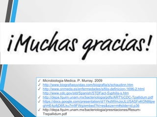 ✓ Microbiologia Medica. P. Murray. 2009
✓ http://www.biografiasyvidas.com/biografia/s/schaudinn.htm
✓ http://www.onmeda.es/enfermedades/sifilis-definicion-1696-2.html
http://www.cdc.gov/std/Spanish/STDFact-Syphilis-s.htm
✓ http://depa.fquim.unam.mx/bacteriologia/pdfs/ART%CDC-Tpallidum.pdf
✓ https://docs.google.com/presentation/d/1YkdWlmJoiJLUSASFxKONMpw
ghHE4p8jD6fLku7m9FWg/embed?hl=es&size=m#slide=id.p36
✓ http://depa.fquim.unam.mx/bacteriologia/presntaciones/Resum-
Trepallidum.pdf
 