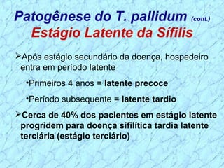 Após estágio secundário da doença, hospedeiro
entra em período latente
•Primeiros 4 anos = latente precoce
•Período subsequente = latente tardio
Cerca de 40% dos pacientes em estágio latente
progridem para doença sifilítica tardia latente
terciária (estágio terciário)
Patogênese do T. pallidum (cont.)
Estágio Latente da Sífilis
 