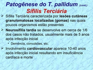  Sífilis Terciária caracterizada por lesões cutâneas
granulomatosas localizadas (gomas) nas quais
poucos organismos estão presentes
 Neurosífilis tardia se desenvolve em cerca de 1/6
dos casos não tratados, usualmente mais de 5 anos
após infecção inicial
• Demência, convulsões, etc.
 Involvimento cardiovascular aparece 10-40 anos
após infecção inicial resultando em insuficiência
cardíaca e morte
Patogênese do T. pallidum (cont.)
Sífilis Terciária
 