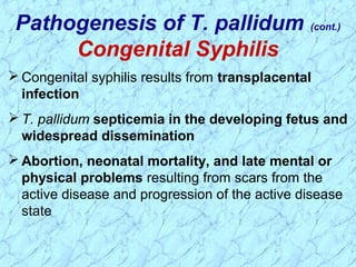  Congenital syphilis results from transplacental
infection
 T. pallidum septicemia in the developing fetus and
widespread dissemination
 Abortion, neonatal mortality, and late mental or
physical problems resulting from scars from the
active disease and progression of the active disease
state
Pathogenesis of T. pallidum (cont.)
Congenital Syphilis
 