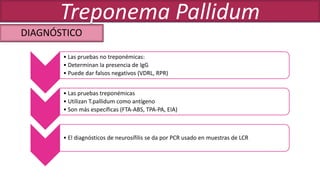 • Las pruebas no treponémicas:
• Determinan la presencia de IgG
• Puede dar falsos negativos (VDRL, RPR)
• Las pruebas treponémicas
• Utilizan T.pallidum como antígeno
• Son más específicas (FTA-ABS, TPA-PA, EIA)
• El diagnósticos de neurosífilis se da por PCR usado en muestras de LCR
DIAGNÓSTICO
Treponema Pallidum
 