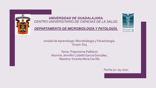UNIVERSIDAD DE GUADALAJARA.
CENTRO UNIVERSITARIO DE CIENCIAS DE LA SALUD.
DEPARTAMENTO DE MICROBIOLOGÍA Y PATOLOGÍA.
Unidad de Aprendizaje: Microbiología y Parasitología.
Grupo: E03
Tema:Treponema Pallidum
Alumna: Jennifer Lizbeth Garcia González.
Maestra:Vicenta MoraCarrillo
Fecha:22- 04-2021
 