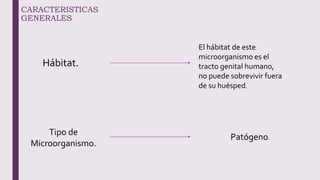 CARACTERISTICAS
GENERALES
Hábitat.
Tipo de
Microorganismo.
Patógeno.
El hábitat de este
microorganismo es el
tracto genital humano,
no puede sobrevivir fuera
de su huésped.
 