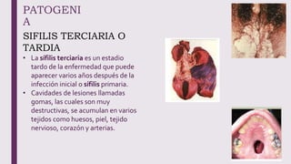 PATOGENI
A
SIFILIS TERCIARIA O
TARDIA
• La sífilis terciaria es un estadio
tardo de la enfermedad que puede
aparecer varios años después de la
infección inicial o sífilis primaria.
• Cavidades de lesiones llamadas
gomas, las cuales son muy
destructivas, se acumulan en varios
tejidos como huesos, piel, tejido
nervioso, corazón y arterias.
 