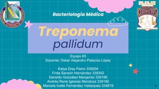 Treponema
pallidum
Equipo #3
Docente: Oskar Alejandro Palacios López
Katya Díaz Fierro 339204
Frida Sansón Hernández 339352
Gerardo González Manjarrez 339186
Andrés René Iglesias Mendoza 339185
Marcela Ivette Fernández Velázquez 334819
Bacteriología Médica
1
 