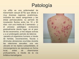 Patología
-La sífilis es una enfermedad de
transmisión sexual (ETS) que afecta a
muy diversas regiones anatómicas,
incluidos los vasos sanguíneos y las
áreas perivasculares; su período de
incubación fluctúa entre los 10 y 90
días –con una media de 3 semanas–, y
el proceso patológico evoluciona
gradualmente dando lugar, en el peor
de los escenarios, a tres etapas activas
y a un prolongado periodo de latencia
-penetra al organismo humano a través
de heridas, excoriaciones, fisuras o
diminutas abrasiones ocurridas durante
las relaciones sexuales; una vez
ubicado en los tejidos subepiteliales, el
microorganismo se reproduce en forma
local, antes de diseminarse
profusamente, a través de la vía
linfático-hematógena
 