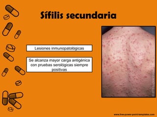 Sífilis secundaria 
Lesiones inmunopatológicas 
Se alcanza mayor carga antigénica 
con pruebas serológicas siempre 
positivas 
 