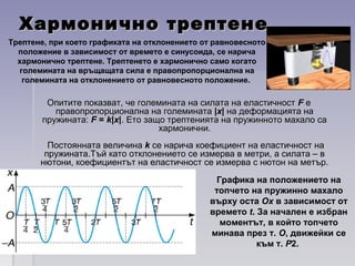 Хармонично трептенеХармонично трептене
Опитите показват, че големината на силата на еластичностОпитите показват, че големината на силата на еластичност FF ее
правопропорционална на големинатаправопропорционална на големината ||xx|| на деформацията нана деформацията на
пружината:пружината: FF == kk||xx||. Ето защо трептенията на пружинното махало са. Ето защо трептенията на пружинното махало са
хармонични.хармонични.
Постоянната величинаПостоянната величина kk се нарича коефициент на еластичност насе нарича коефициент на еластичност на
пружината.Тъй като отклонението се измерва в метри, а силата – впружината.Тъй като отклонението се измерва в метри, а силата – в
нютони, коефициентът на еластичност се измерва с нютон на метър.нютони, коефициентът на еластичност се измерва с нютон на метър.
Графика на положението на
топчето на пружинно махало
върху оста Ох в зависимост от
времето t. За начален е избран
моментът, в който топчето
минава през т. О, движейки се
към т. Р2.
Трептене, при което графиката на отклонението от равновесното
положение в зависимост от времето е синусоида, се нарича
хармонично трептене. Трептенето е хармонично само когато
големината на връщащата сила е правопропорционална на
големината на отклонението от равновесното положение.
 
