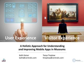 User Experience

©Davison

Visitor Experience
©Instigation of Thought

A Holistic Approach for Understanding
and Improving Mobile Apps in Museums
Kathi Kaiser
kathi@centralis.com

Tanya Treptow
ttreptow@centralis.com

 