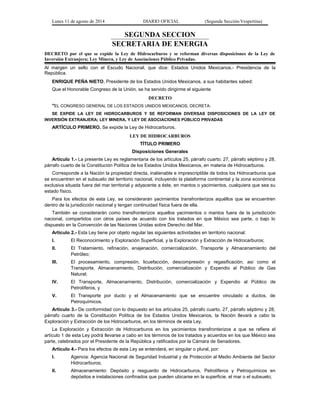 Lunes 11 de agosto de 2014 DIARIO OFICIAL (Segunda Sección-Vespertina) 
SEGUNDA SECCION 
SECRETARIA DE ENERGIA 
DECRETO po...