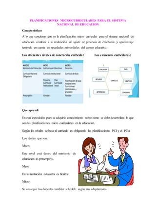PLANIFICACIONES MICROCURRICULARES PARA EL SISTEMA
NACIONAL DE EDUCACION
Características
A lo que concierne que es la planificación micro curricular para el sistema nacional de
educación conlleva a la realización de ajuste de procesos de enseñanza y aprendizaje
teniendo en cuenta las necedades primordiales del campo educativo.
Los diferentes niveles de concreción curricular Los elementos curriculares:
Que aprendí
En esta exposición pues se adquirió conocimiento sobre como se debe desarrollara lo que
son las planificaciones micro curriculares en la educación.
Según los niveles se basa el currículo es obligatorio las planificaciones PCI y el PCA
Los niveles que son:
Macro
Este nivel está dentro del ministerio de
educación es prescriptivo.
Meso
En la institución educativa es flexible
Micro
Se encargan los docentes también s flexible según sus adaptaciones.