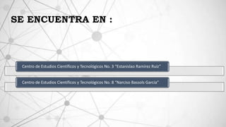 SE ENCUENTRA EN :
Centro de Estudios Científicos y Tecnológicos No. 3 “Estanislao Ramírez Ruíz”
Centro de Estudios Científ...