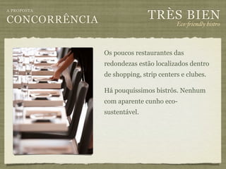 TRÈS BIEN
A PROPOSTA

CONCORRÊNCIA                            Eco-"iendly bistro



               Os poucos restaurantes das
               redondezas estão localizados dentro
               de shopping, strip centers e clubes.

               Há pouquíssimos bistrôs. Nenhum
               com aparente cunho eco-
               sustentável.
 
