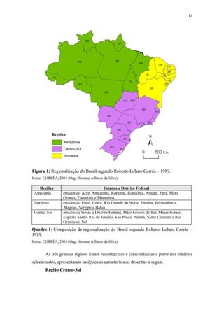 11 
Figura 1: Regionalização do Brasil segundo Roberto Lobato Corrêa – 1989. 
Fonte: CORRÊA, 2005 (Org.: Simone Affonso da Silva). 
Regiões Estados e Distrito Federal 
Amazônia estados do Acre, Amazonas, Roraima, Rondônia, Amapá, Pará, Mato 
Grosso, Tocantins e Maranhão. 
Nordeste estados do Piauí, Ceará, Rio Grande do Norte, Paraíba, Pernambuco, 
Alagoas, Sergipe e Bahia. 
Centro-Sul estados de Goiás e Distrito Federal, Mato Grosso do Sul, Minas Gerais, 
Espírito Santo, Rio de Janeiro, São Paulo, Paraná, Santa Catarina e Rio 
Grande do Sul. 
Quadro 1: Composição da regionalização do Brasil segundo Roberto Lobato Corrêa – 
1989. 
Fonte: CORRÊA, 2005 (Org.: Simone Affonso da Silva). 
As três grandes regiões foram reconhecidas e caracterizadas a partir dos critérios 
selecionados, apresentando na época as características descritas a seguir. 
Região Centro-Sul 
 