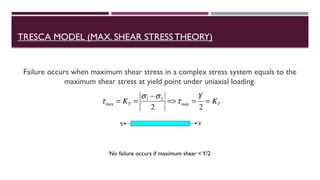 TRESCA MODEL (MAX. SHEAR STRESSTHEORY)
Failure occurs when maximum shear stress in a complex stress system equals to the
maximum shear stress at yield point under uniaxial loading.
No failure occurs if maximum shear <Y/2
 