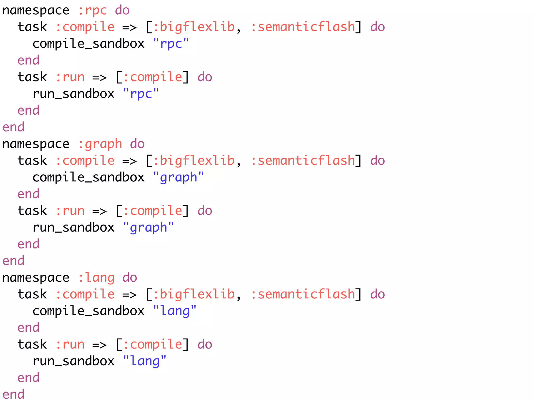 namespace :rpc do
  task :compile => [:bigflexlib, :semanticflash] do
    compile_sandbox "rpc"
  end
  task :run => [:compile] do
    run_sandbox "rpc"
  end
end
namespace :graph do
  task :compile => [:bigflexlib, :semanticflash] do
    compile_sandbox "graph"
  end
  task :run => [:compile] do
    run_sandbox "graph"
  end
end
namespace :lang do
  task :compile => [:bigflexlib, :semanticflash] do
    compile_sandbox "lang"
  end
  task :run => [:compile] do
    run_sandbox "lang"
  end
end
 