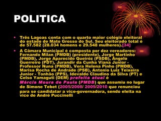 POLITICA Três Lagoas conta com o quarto maior colégio eleitoral do estado de Mato Grosso do Sul. Seu eleitorado total é de 57.582 (28.034 homens e 29.548 mulheres). [34] A Câmara Municipal é composta por dez vereadores: Fernando Milan (PMDB) (presidente), Jorge Martinho (PMDB), Jorge Aparecido Queiróz (PSDB), Ângelo Guerreiro (PDT), Jurandir da Cunha Viana Junior - Professor Nuna (PMDB), Vera Helena Pinho (PMDB), Marisa Rocha de Andrade (PSB), Antonio Luiz Teixeira Junior - Tonhão (PPS), Idevaldo Claudino da Silva (PT) e Celso Yamaguti (DEM)  prefeita atual  é  Márcia Moura de Paula  ( PMDB ) que assumiu no lugar de Simone Tebet ( 2005 / 2008 /  2009 / 2010  que renunciou para se candidatar a vice-governadora, sendo eleita na vice de André Puccinelli 