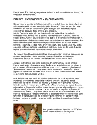 internacional. Ella dedica gran parte de su tiempo a dictar conferencias en muchos
congresos internacionales.
ESTUDIOS , INVESTIGACIONES Y RECONOCIMIENTOS
Ella ya tiene ya un sitial en la historia científica mundial, luego de clonar al primer
felino en el mundo, un gato salvaje llamado “Ditteaux”, (copia, en francés), y de
convertirse en líder de clonación de gatos salvajes, con adelantos y logros
consecutivos después de su primera gran creación.
Martha Gómez ha enfocado sus investigaciones en la utilización del gato
doméstico como modelo para el estudio de enfermedades humanas, como la
fibrosis cística. Con su equipo científico se dedica a dos áreas de investigación: 1.
la producción de células madres derivadas de embriones de gato doméstico y, 2. a
la producción de gatos clonados transgénicos que lleven en su DNA un gen
humano. Según el periódico inglés Daily Telegraph, “Ella busca salvar hoy a otras
especies de felinos salvajes en peligro de extinción, como las de gatos de patas
negras, gatos del desierto y gatos pescadores, entre otros
Su número de publicaciones científicas sigue creciendo y continua viajando en su
proceso investigativo y para participar como conferencista y asistente a
importantes forros y encuentros que enriquecen y refrescan sus ideas.
Aunque en Colombia casi nadie sabe de la Doctora Gómez, ella es famosa
internacionalmente, después de lograr la clonación y nacimiento de los primeros
gatos salvajes africanos (“African Wildcat), en el mundo; suceso originado en el
“Audobon Nature Institute”, de Nueva Orleans, antes de la devastación y de la
gigantesca inundación causada por el huracán Katrina, el mayor desastre natural
en la historia de los Estados Unidos.
Este huracán que tocó tierra en la costa de Luisiana, el 29 de agosto de 2005
inundando y devastando a la ciudad de Nueva Orleans, causando daños
materiales por 75 mil millones de dólares, y dejando 1.836 personas muertas,
también afectó de manera grave al “Audobon Nature Institute, de Nueva Orleans,
obligando a la destacada científica colombiana a hacer un alto en el camino de sus
valiosas investigaciones, pero que una vez superada la tragedia, la devolvió al
servicio de la ciencia, con grandes éxitos. El Instituto se dedica al estudio de la
biología reproductiva y el comportamiento y desarrollar métodos innovadores para
fomentar la reproducción de las especies y para aumentar los conocimientos
básicos y mejorar la gestión y la conservación genética de especies animales
raras.
Los grandes adelantos logrados por XXX han
sido a través de embriones de gatos
 