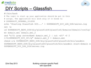 DIY Scripts – Glassfish
#!/bin/bash
# The logic to start up your application should be put in this
# script. The application will work only if it binds to
# $OPENSHIFT_INTERNAL_IP:8080
echo 'Starting Glassfish DIY...' > $OPENSHIFT_DIY_LOG_DIR/server.log
set -x
cd $OPENSHIFT_REPO_DIR/diy/glassfish4/glassfish/domains/domain1/config/
mv domain.xml domain.xml_2
sed "s/$( grep serverName domain.xml_2 | cut -d" -f 2
)/${OPENSHIFT_DIY_IP}/g" domain.xml_2 > domain.xml
chmod u+x $OPENSHIFT_REPO_DIR/diy/glassfish4/glassfish/bin/asadmin
$OPENSHIFT_REPO_DIR/diy/glassfish4/glassfish/bin/asadmin start-domain &>
$OPENSHIFT_DIY_LOG_DIR/server.log
22nd Sep 2013 Building a domain specific PaaS
with OpenShift
 