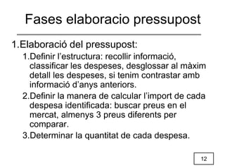 12
1.Elaboració del pressupost:
1.Definir l’estructura: recollir informació,
classificar les despeses, desglossar al màxim
detall les despeses, si tenim contrastar amb
informació d’anys anteriors.
2.Definir la manera de calcular l’import de cada
despesa identificada: buscar preus en el
mercat, almenys 3 preus diferents per
comparar.
3.Determinar la quantitat de cada despesa.
Fases elaboracio pressupost
 