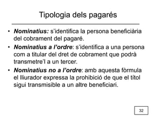 32
Tipologia dels pagarés
• Nominatius: s’identifica la persona beneficiària
del cobrament del pagaré.
• Nominatius a l’ordre: s’identifica a una persona
com a titular del dret de cobrament que podrà
transmetre’l a un tercer.
• Nominatius no a l’ordre: amb aquesta fòrmula
el lliurador expressa la prohibició de que el títol
sigui transmisible a un altre beneficiari.
 