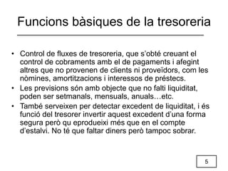 5
Funcions bàsiques de la tresoreria
• Control de fluxes de tresoreria, que s’obté creuant el
control de cobraments amb el de pagaments i afegint
altres que no provenen de clients ni proveïdors, com les
nòmines, amortitzacions i interessos de préstecs.
• Les previsions són amb objecte que no falti liquiditat,
poden ser setmanals, mensuals, anuals…etc.
• També serveixen per detectar excedent de liquiditat, i és
funció del tresorer invertir aquest excedent d’una forma
segura però qu eprodueixi més que en el compte
d’estalvi. No té que faltar diners però tampoc sobrar.
 
