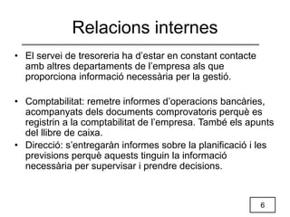 6
Relacions internes
• El servei de tresoreria ha d’estar en constant contacte
amb altres departaments de l’empresa als que
proporciona informació necessària per la gestió.
• Comptabilitat: remetre informes d’operacions bancàries,
acompanyats dels documents comprovatoris perquè es
registrin a la comptabilitat de l’empresa. També els apunts
del llibre de caixa.
• Direcció: s’entregaràn informes sobre la planificació i les
previsions perquè aquests tinguin la informació
necessària per supervisar i prendre decisions.
 