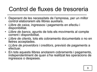 9
Control de fluxes de tresoreria
• Depenent de les necessitats de l’empresa, per un millor
control elaborarem els llibres auxiliars.
• Llibre de caixa, ingressos i pagaments en efectiu i
disponibilitat.
• Llibre de bancs, apunts de tots els moviments al compte
corrent i disponibilitat.
• Llibre de clients, tots els cobraments documentats o no en
lletres acceptades.
• LLibre de proveïdors i creditors, previsió de pagaments a
efectuar.
• En tots aquests llibres anotarem cobraments i pagaments,
independentment de quan s’ha realitzat les operacions de
ingressos o despeses.
 