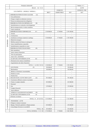Entreprise industrielle

Tableau n° 1

BILAN

AU 31/12/

LES COMPTES ( MODELE NORMAL )
IMMOBILISATIONS EN NON VALEURS

ACTIF
EXERCICE
BRUT

(A)

AMORT/PROV

-

-

EXERCICE PRE
NET

NET
-

Frais préliminaires

-

-

-

Charges à répartir sur plusieurs exercices

-

-

-

Primes de remboursement des obligations

-

-

-

IMMOBILISATIONS INCORPORELLES

-

-

Immobilisations en recherche et développement

(B)

-

-

-

Brevets,marques,droits et valeurs similaires

-

-

-

Fonds commercial

-

IMMOBILISATIONS CORPORELLES

(C)

1 330 000,00

ACTIF

Terrains

37 500,00

-

Constructions

-

-

Installations techniques matériel et outillage

1 330 000,00

37 500,00

1 292 500,00
1 292 500,00

IMMOBILISE

Matériel de transport

-

-

-

Mobilier,matériel de bureau et amenag div.

-

-

-

Autres immobilisations corporelles

-

-

-

Immobilisations corporelles en cours

-

-

-

IMMOBILISATIONS FINANCIERES

-

-

-

Prêts immobilisés

(D)

-

-

-

Autres créances financières

-

-

-

Titres de participation

-

-

-

-

-

-

Autres titres immobilisés
ECARTS DE CONVERSION-ACTIF

(E)

-

Diminutions des créances immobilisés

-

Augmentations des dettes financières

-

-

TOTAL I (A+B+C+D+E)
LES STOCKS

(F)

1 330 000,00

37 500,00

1 292 500,00

550 000,00

-

550 000,00

550 000,00

Marchandises

-

550 000,00

Matières et fournitures consommables

-

-

-

Produits en cours

-

-

-

Produits finis

-

-

ACTIF CIRCULANT

CREANCES DE L'ACTIF CIRCULANT

(G)

Fournisseurs débiteurs avances et acomptes

591 400,00

-

-

Clients et comptes rattachés

-

432 000,00

Personnel

-

-

Etat

-

159 400,00

591 400,00
432 000,00
159 400,00

Comptes d'associés

-

-

Autres débiteurs

-

-

-

-

-

TITRES ET VALEURS DE PLACEMENT

(H)

-

ECARTS DE CONVERSION-ACTIF

(I)

-

-

-

(Eléments circulants)
TOTAL II

(F+G+H+I)

1 141 400,00

-

1 141 400,00

TRESORERIE A.

TRESORERIE - ACTIF
Chèques et valeurs à encaisser

-

Banque, Trésorerie générale et chèques postaux
Caisse,Régies d'avances et accréditifs

252 600,00

TOTAL III

2 724 000,00

-

252 600,00

TOTAL GENERAL I + II + III

ISTA Beni Mellal

-

252 600,00

252 600,00
37 500,00

Formateurs : MELLOUKI et ELBANOUI

2 686 500,00

Page 49 sur 55

-

 