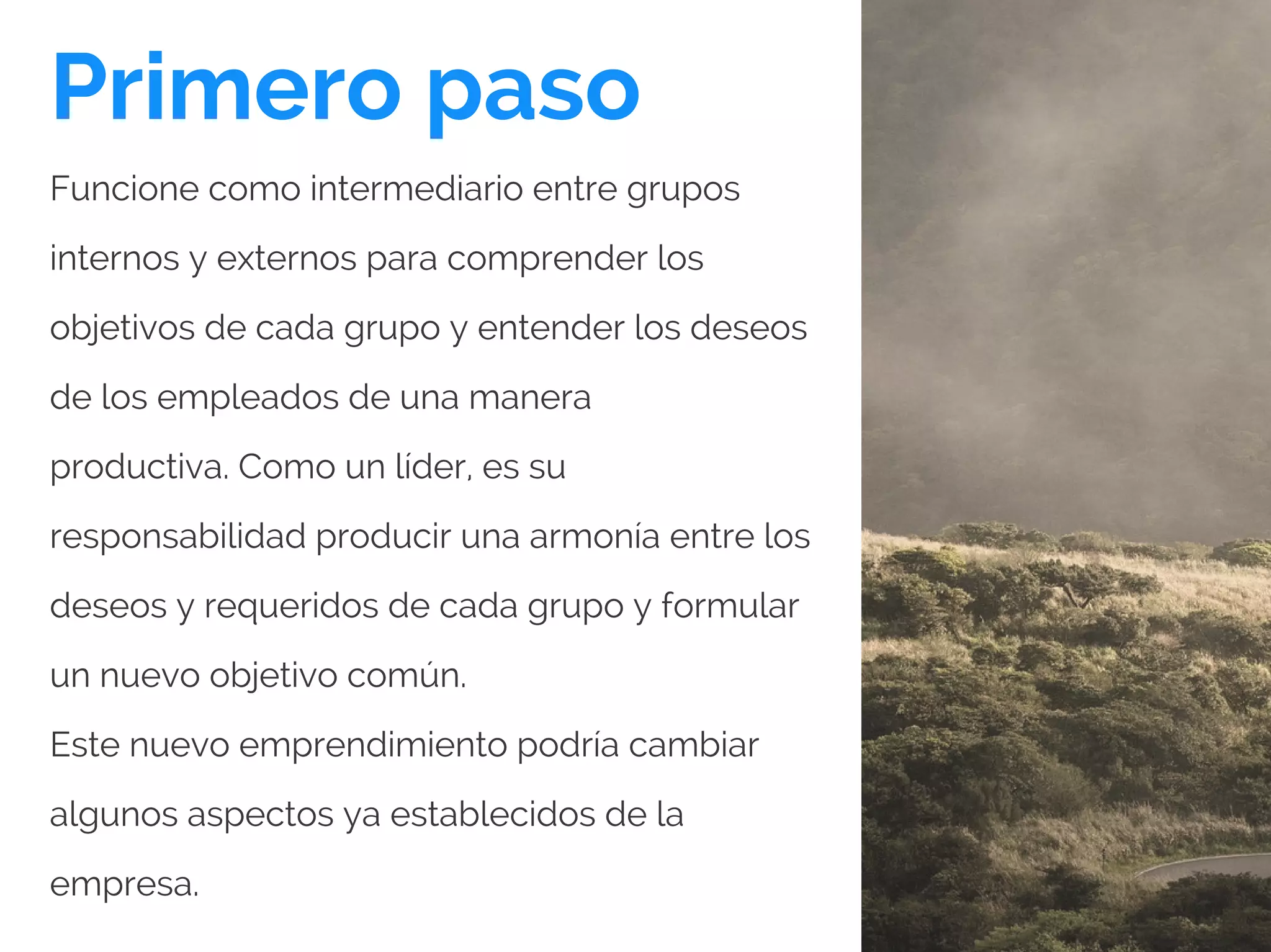Primero paso
Funcione como intermediario entre grupos
internos y externos para comprender los
objetivos de cada grupo y entender los deseos
de los empleados de una manera
productiva. Como un líder, es su
responsabilidad producir una armonía entre los
deseos y requeridos de cada grupo y formular
un nuevo objetivo común.
Este nuevo emprendimiento podría cambiar
algunos aspectos ya establecidos de la
empresa.
 