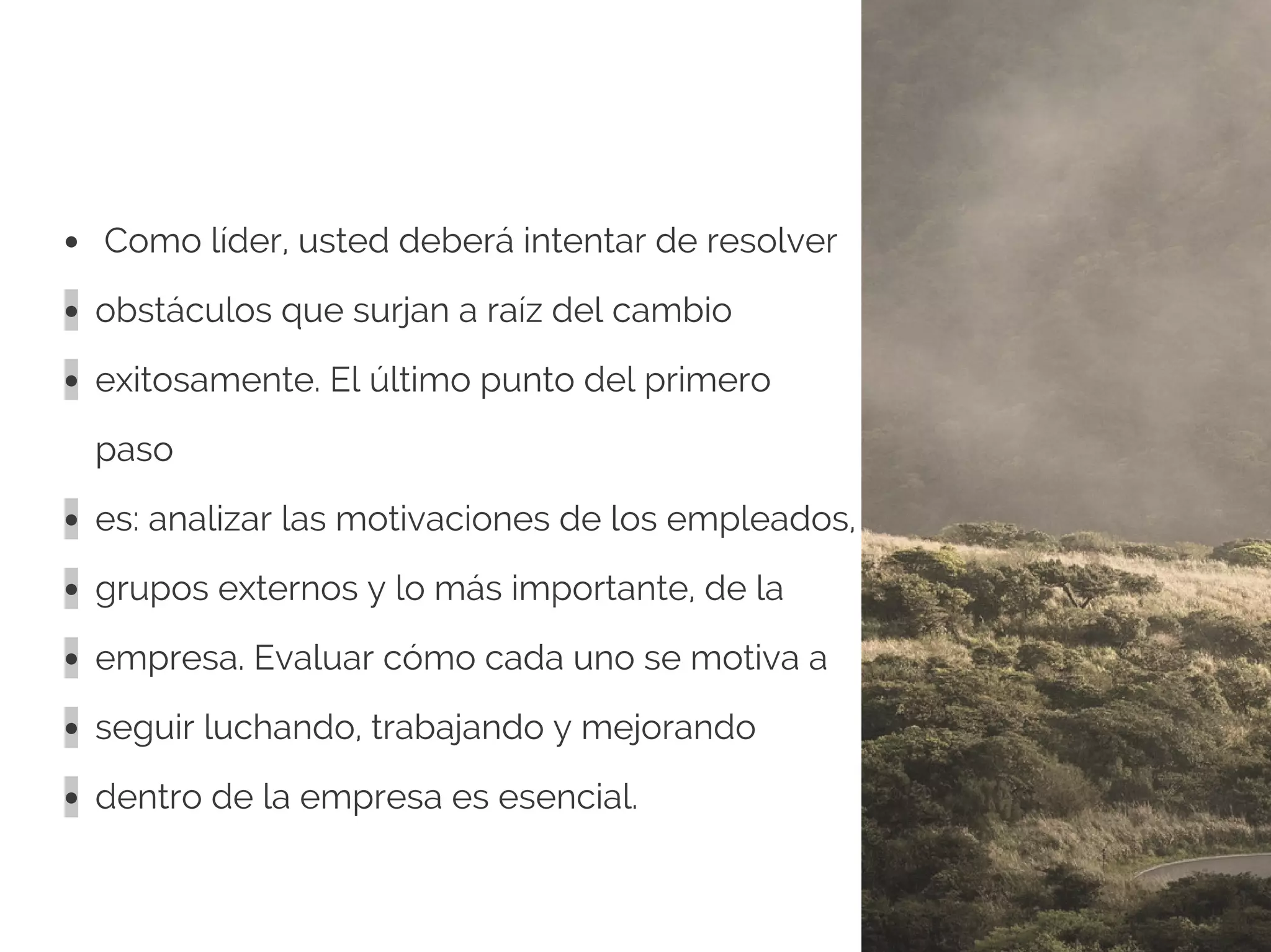 Como líder, usted deberá intentar de resolver
obstáculos que surjan a raíz del cambio
exitosamente. El último punto del primero
paso
es: analizar las motivaciones de los empleados,
grupos externos y lo más importante, de la
empresa. Evaluar cómo cada uno se motiva a
seguir luchando, trabajando y mejorando
dentro de la empresa es esencial.
 