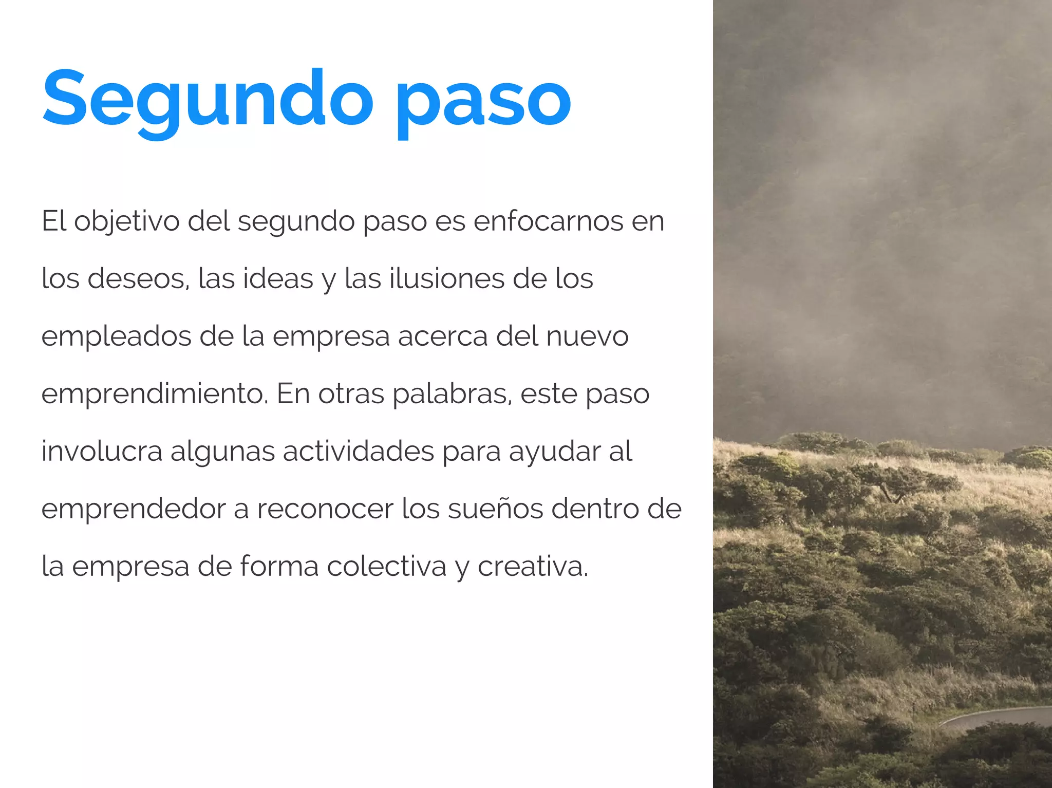 Segundo paso
El objetivo del segundo paso es enfocarnos en
los deseos, las ideas y las ilusiones de los
empleados de la empresa acerca del nuevo
emprendimiento. En otras palabras, este paso
involucra algunas actividades para ayudar al
emprendedor a reconocer los sueños dentro de
la empresa de forma colectiva y creativa.
 