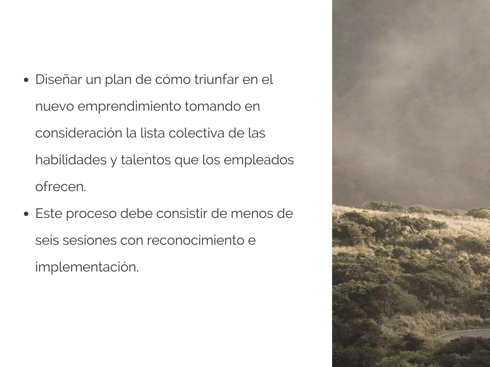 Diseñar un plan de cómo triunfar en el
nuevo emprendimiento tomando en
consideración la lista colectiva de las
habilidades y talentos que los empleados
ofrecen.
Este proceso debe consistir de menos de
seis sesiones con reconocimiento e
implementación.
 