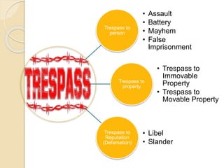 Trespass to
person
• Assault
• Battery
• Mayhem
• False
Imprisonment
Trespass to
property
• Trespass to
Immovable
Property
• Trespass to
Movable Property
Trespass to
Reputation
(Defamation)
• Libel
• Slander
 