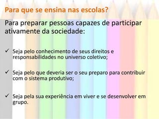 Para que se ensina nas escolas?Para preparar pessoas capazes de participar ativamente da sociedade:Seja pelo conhecimento de seus direitos e responsabilidades no universo coletivo;