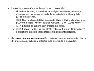 Una obra adelantada a su tiempo e incomprendida: Al finalizar la obra, la da a leer  a  amigos, escritores, actores y empresarios.  No se comprendió la novedad de la obra  y ésta quedó sin estrenar. 1939. Nuevo intento fallido: durante la Guerra Civil la da a leer a un grupo de amigos (Neville, Jardiel Poncela, Tono,  López Rubio). 1947. Edición de la obra, con prólogo del autor. 1952. Estreno de la obra por el TEU (Teatro Español Universitario): la obra tiene un éxito inesperado en círculos intelectuales.  Razones de esta incomprensión : carácter revolucionario de la obra, y divorcio entre el público y el teatro más avanzado e innovador. 