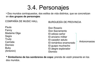 3.4. Personajes COMPAÑÍA DE MUSIC HALL Paula Fanny Madame Olga Sagra Trudy Carmela Dionisio Buby (Antonini) BURGUESÍA DE PROVINCIA Don Rosario Don Sacramento El odioso señor El anciano militar El cazador astuto El romántico enamorado El guapo muchacho El alegre explorador Dionisio Dos mundos contrapuestos, dos estilos de vida distintos, que se concretizan en  dos grupos de personajes : Simbolismo de los sombreros de copa:  prenda de vestir presente en los dos mundos. Antonomasias 