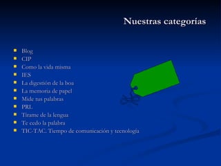 Nuestras categorías Blog   CIP   Como la vida misma   IES   La digestión de la boa   La memoria de papel   Mide tus palabras   PRL   Tírame de la lengua   Te cedo la palabra   TIC-TAC. Tiempo de comunicación y tecnología   