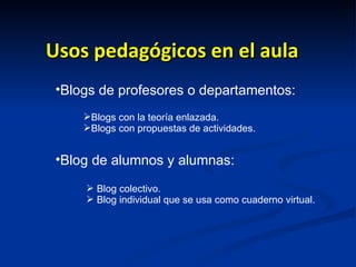 Usos pedagógicos en el aula Blogs con la teoría enlazada. Blogs con propuestas de actividades. Blogs de profesores o departamentos: Blog de alumnos y alumnas: Blog colectivo. Blog individual que se usa como cuaderno virtual. 