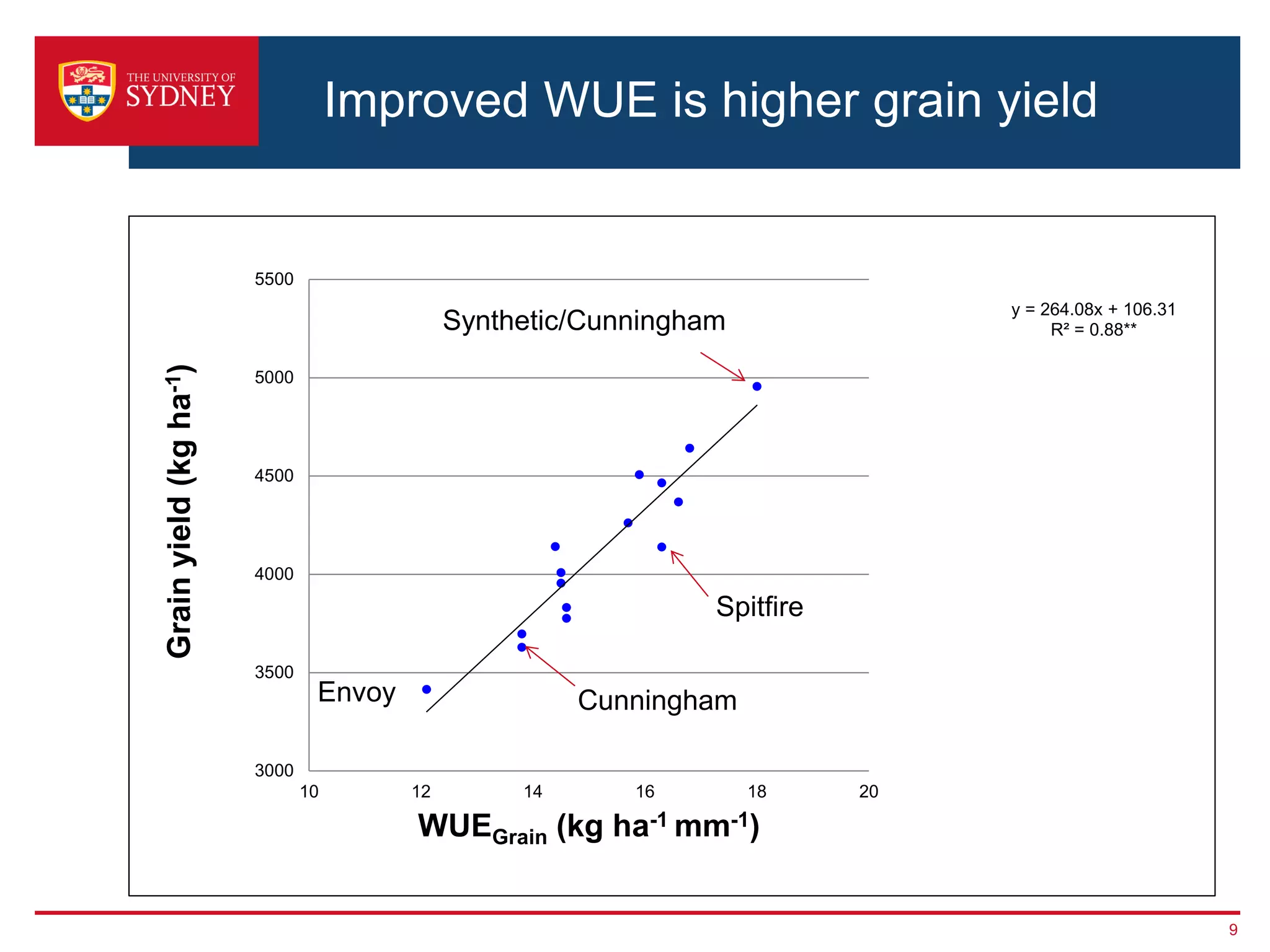 Improved WUE is higher grain yield
9
y = 264.08x + 106.31
R² = 0.88**
3000
3500
4000
4500
5000
5500
10 12 14 16 18 20
Grainyield(kgha-1)
WUEGrain (kg ha-1 mm-1)
Envoy Cunningham
Synthetic/Cunningham
Spitfire
 