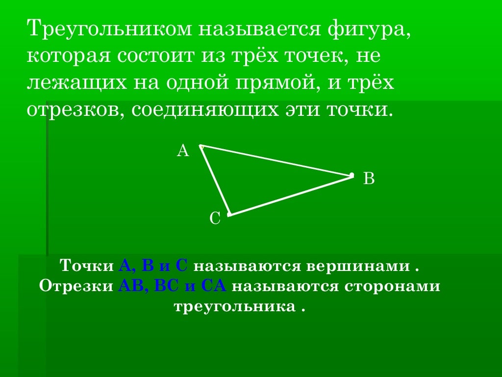 Состоит из трех пунктов. Треугольник состоит из отрезков. Что называется треугольником. Отрезки из которых состоит треугольник. Какая фигура называется треугольником.
