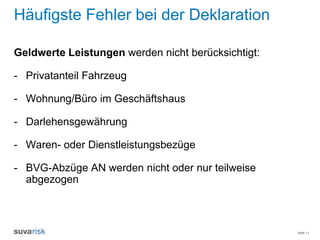 Seite 11
Häufigste Fehler bei der Deklaration
Geldwerte Leistungen werden nicht berücksichtigt:
- Privatanteil Fahrzeug
- Wohnung/Büro im Geschäftshaus
- Darlehensgewährung
- Waren- oder Dienstleistungsbezüge
- BVG-Abzüge AN werden nicht oder nur teilweise
abgezogen
 
